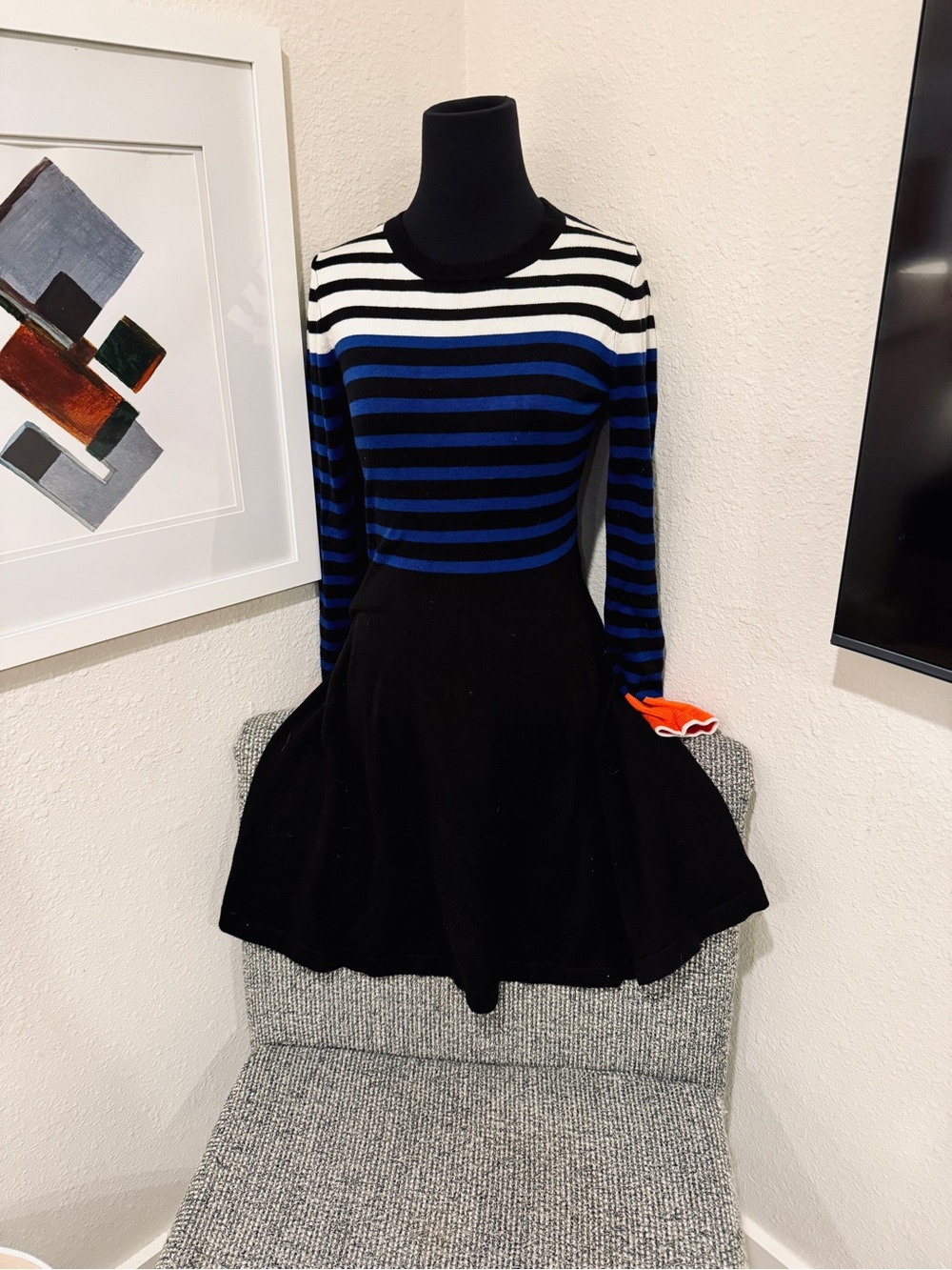 Vince Camuto Black Dress with Blue, White & Orange Striped Top S EUC - Picture 6 of 9